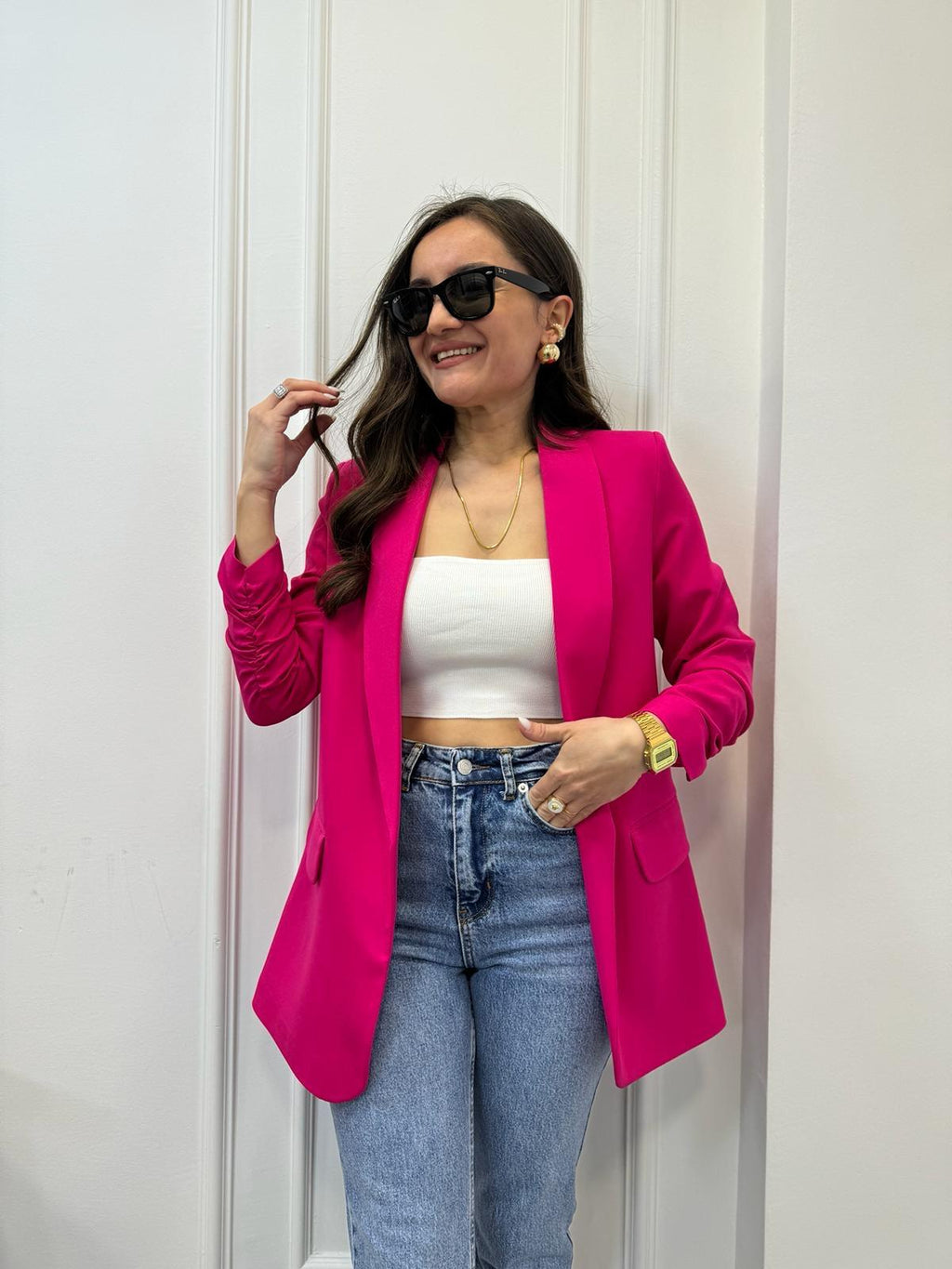 Pink Buttonless Blazer Jacket – Tailored Elegance & Modern Sophistication