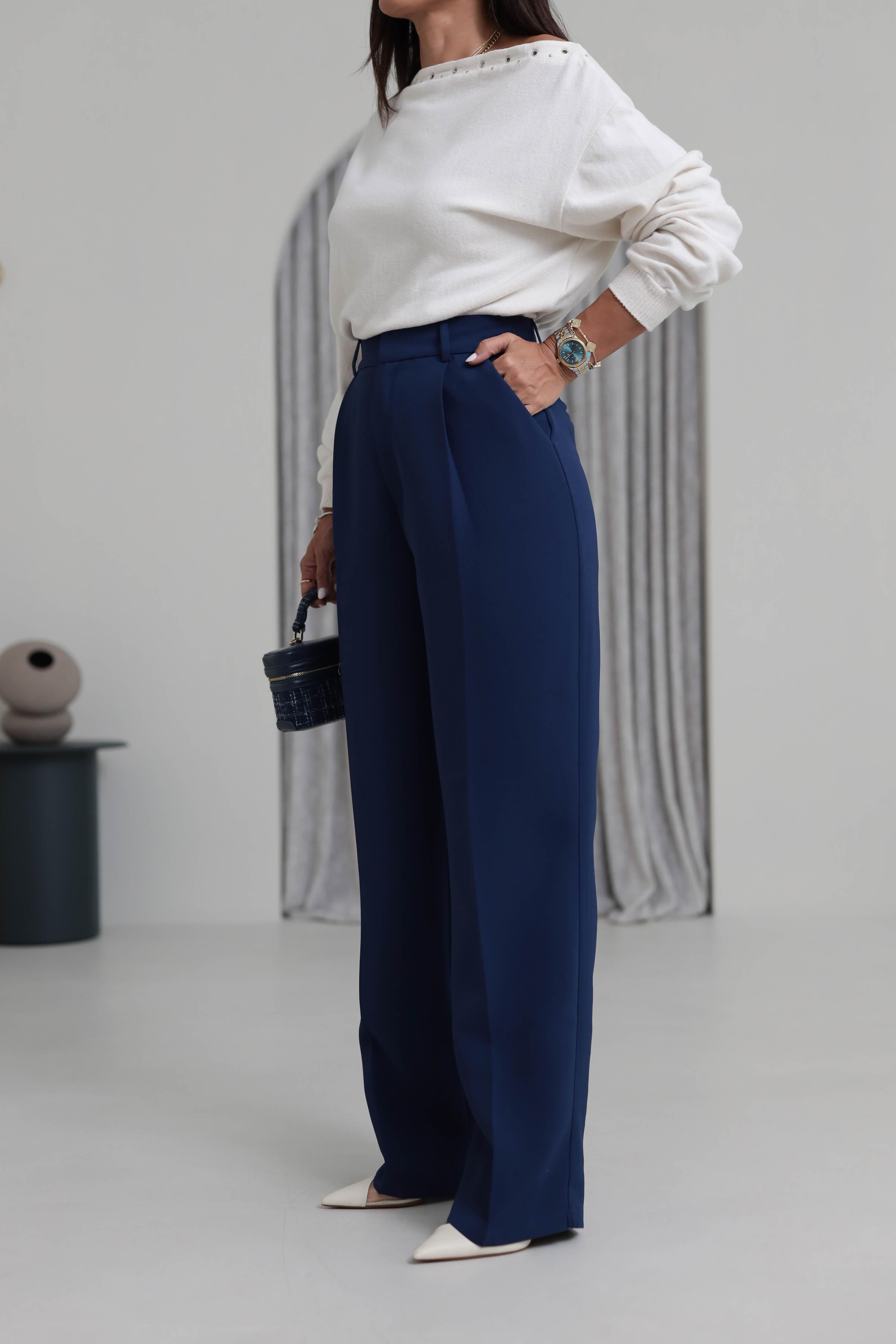 Pleated Detailed Fabric Trousers – Indigo Straight Leg.