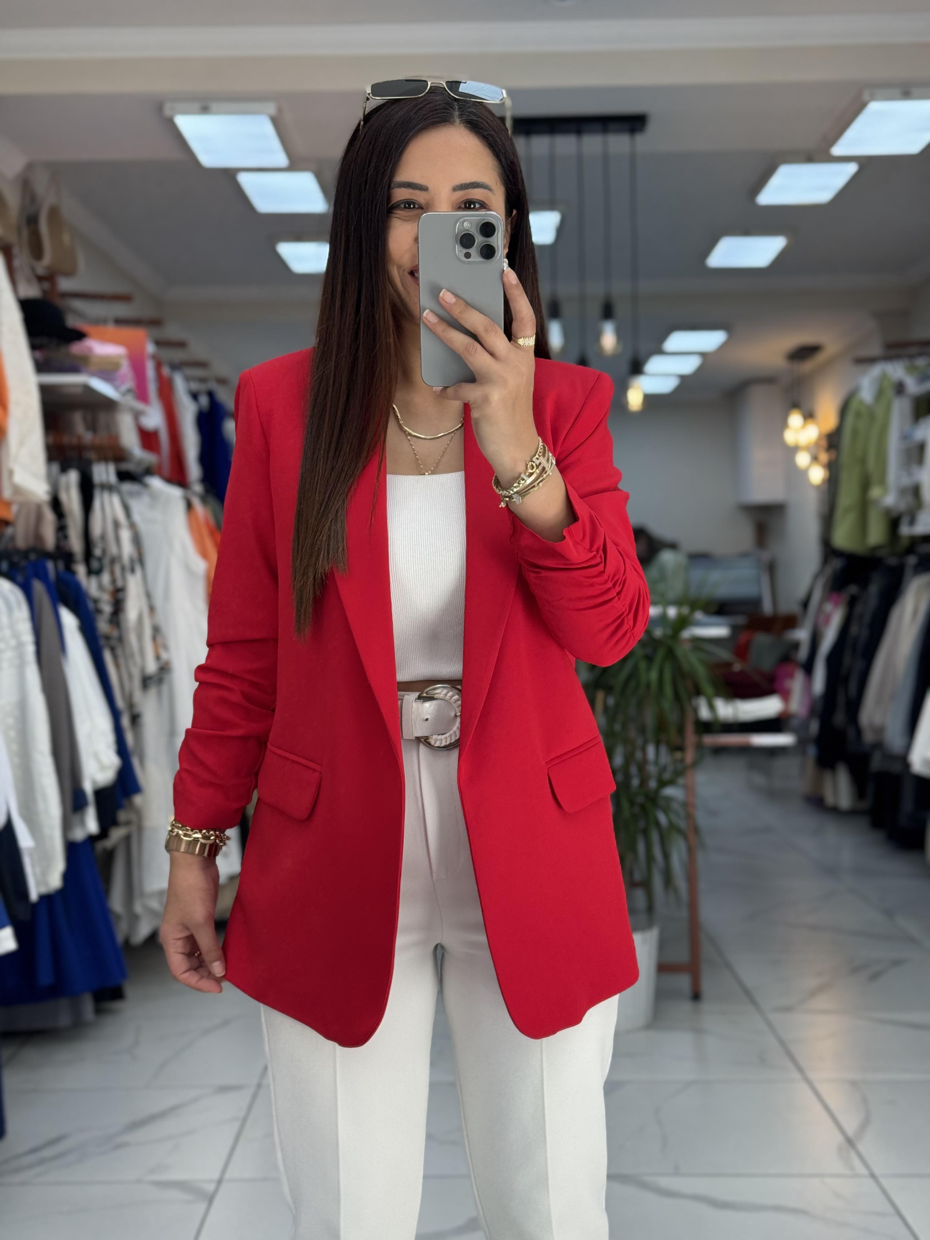 Red buttonless blazer jacket