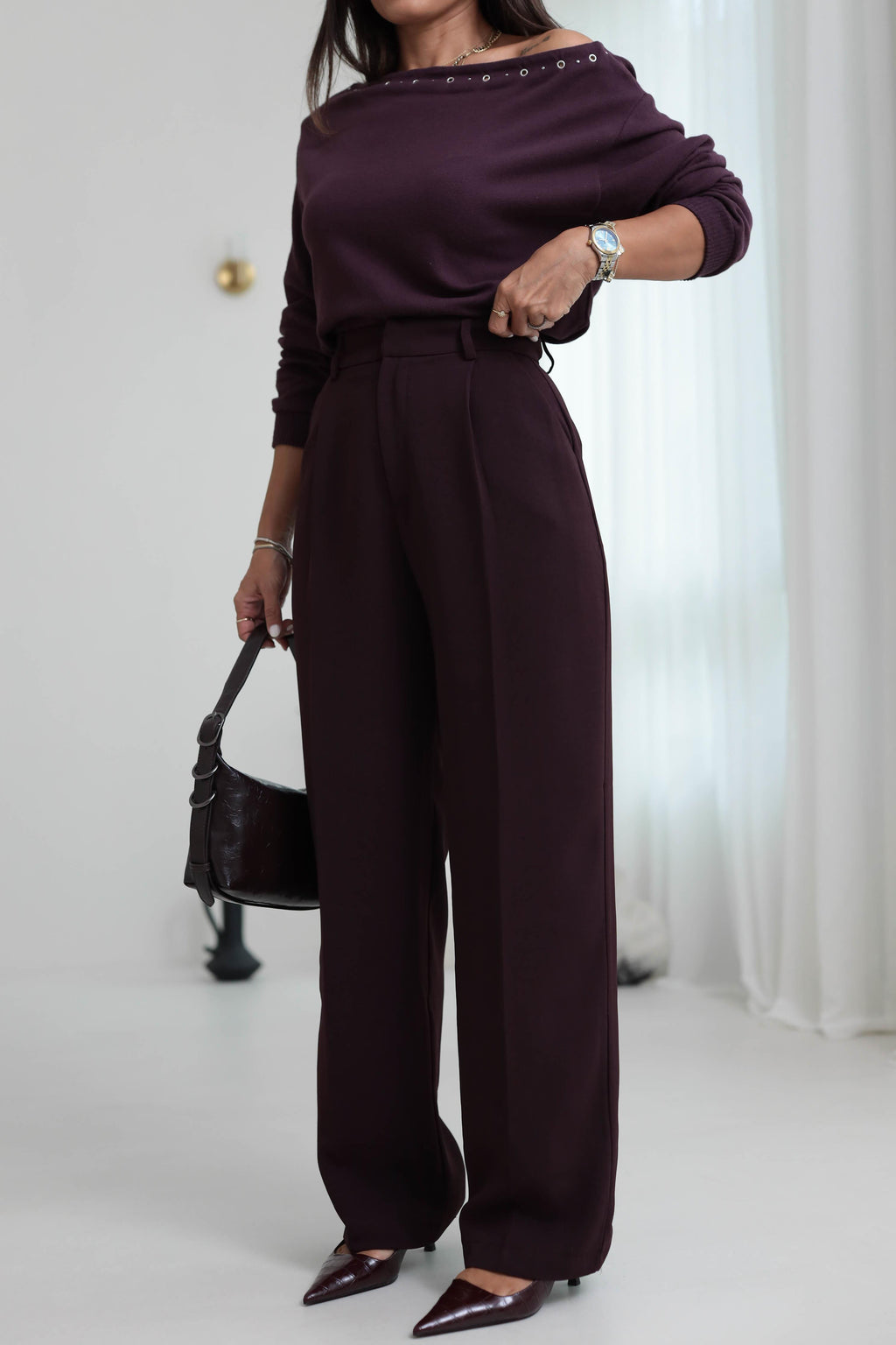 Pleated Detailed Fabric Trousers – Plum Straight Legs