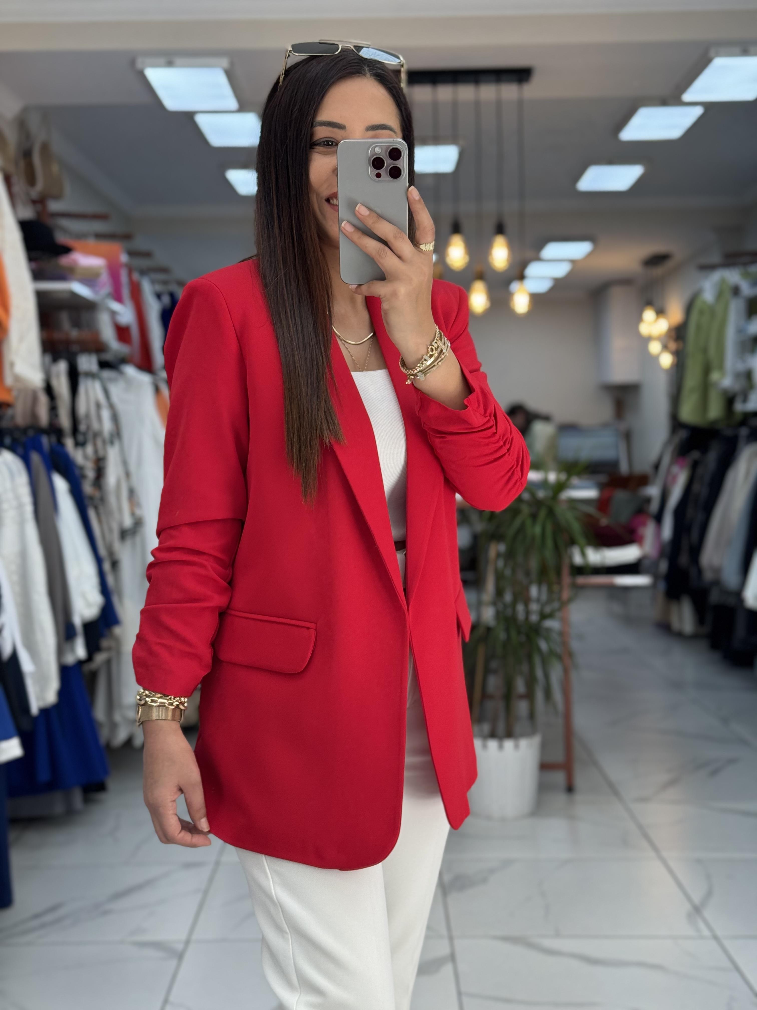 Red buttonless blazer jacket