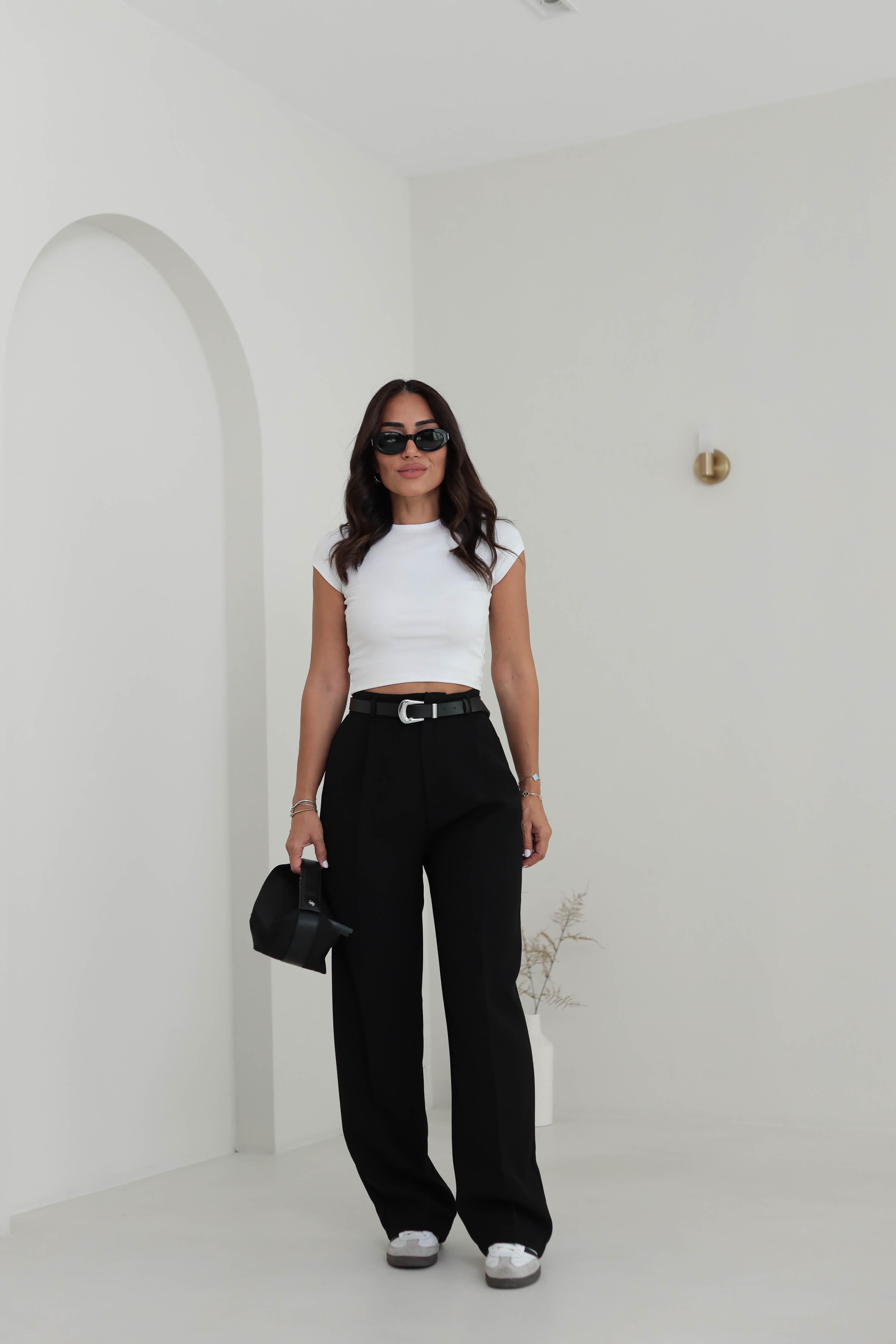 Pleated Detailed Fabric Trousers – Black Straight Legs