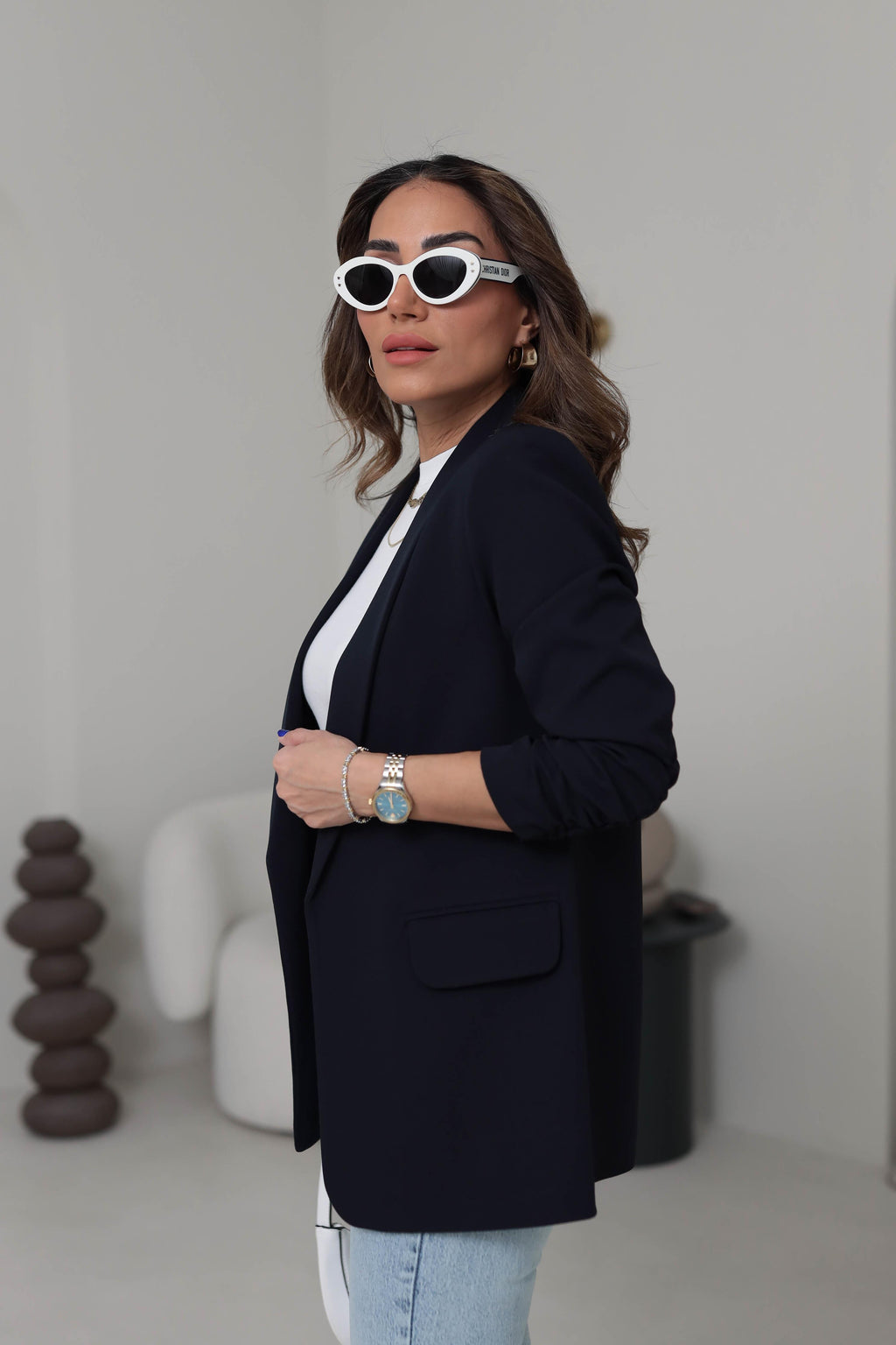 Navy-Blue Buttonless Blazer Jacket – Tailored Elegance & Modern Sophistication