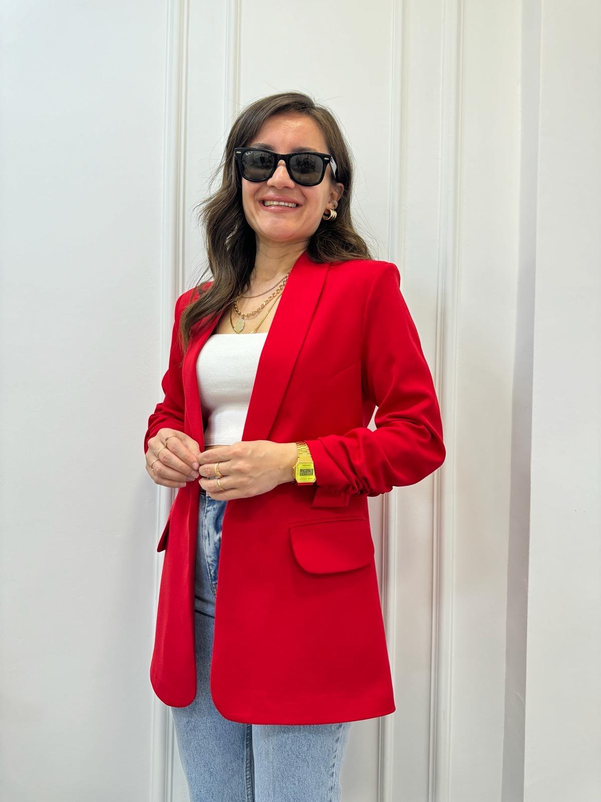 Red buttonless blazer jacket