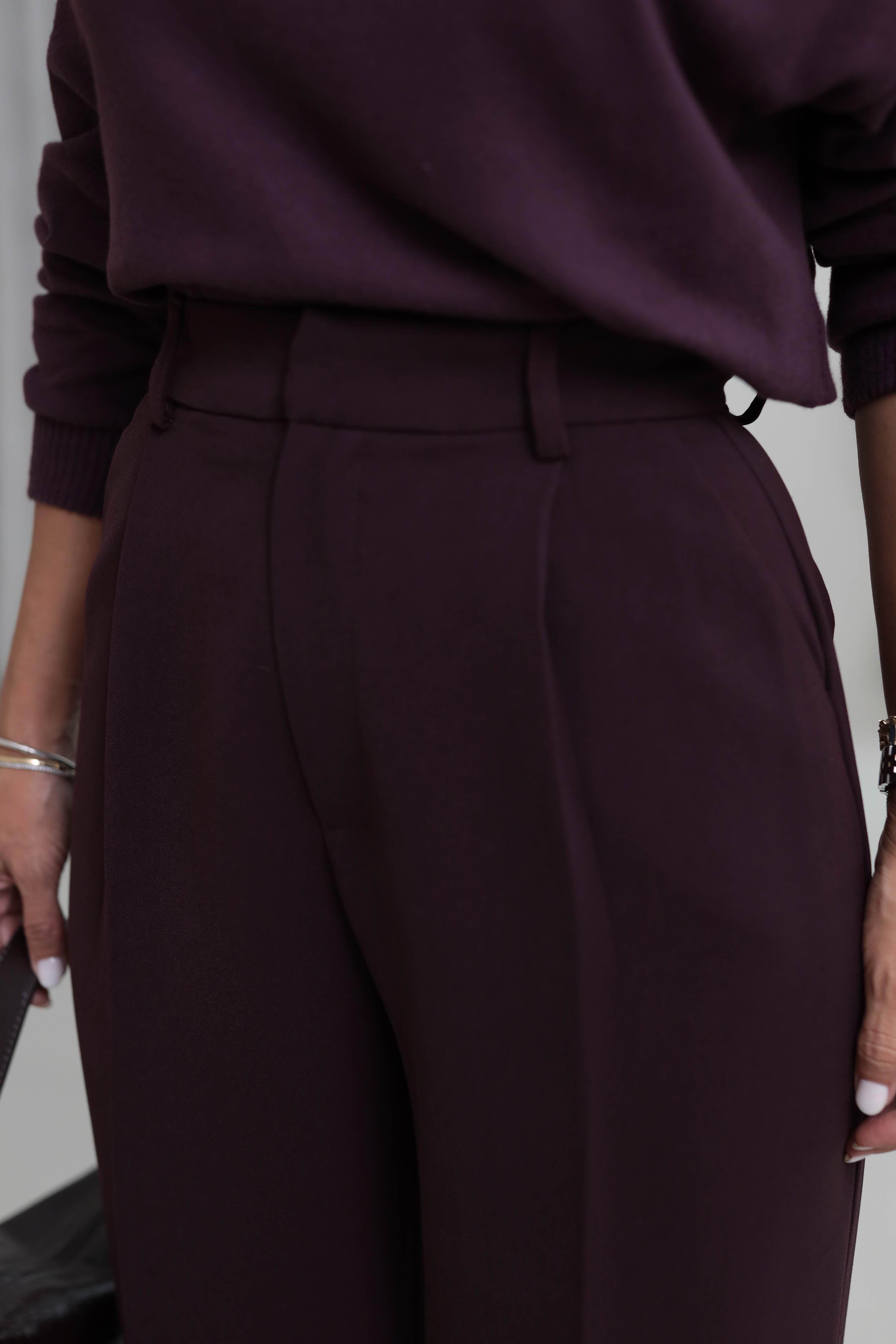 Pleated Detailed Fabric Trousers – Plum Straight Legs