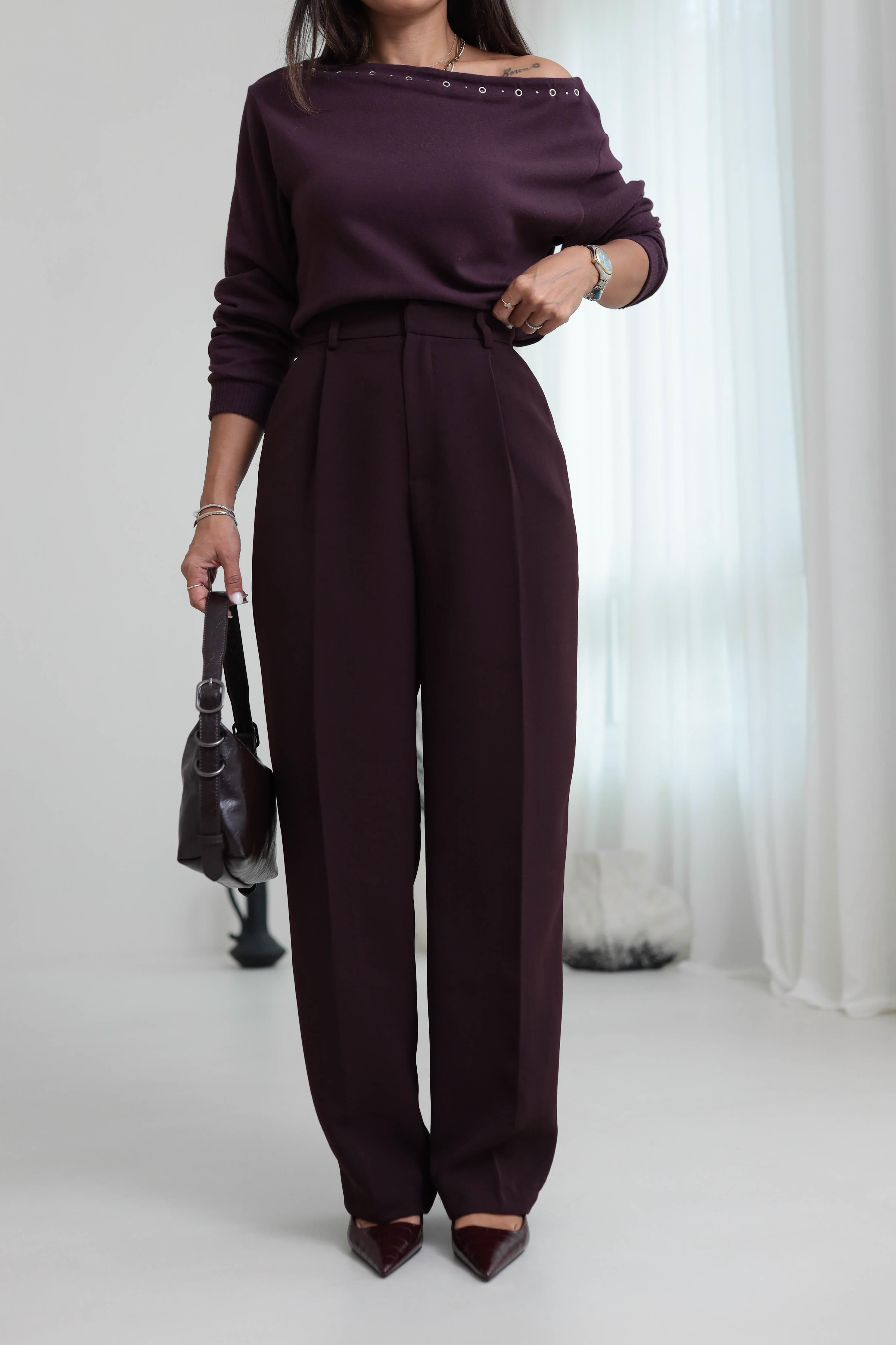 Pleated Detailed Fabric Trousers – Plum Straight Legs