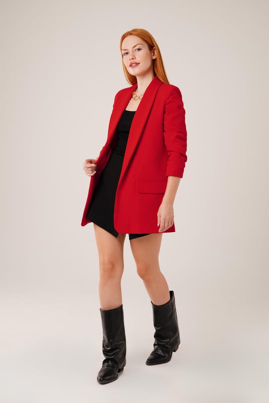 Red buttonless blazer