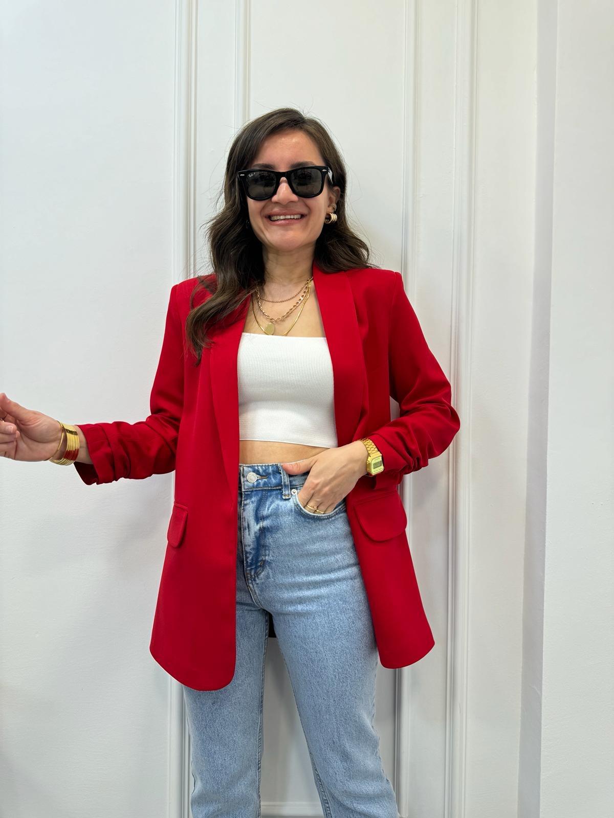 Red buttonless blazer jacket