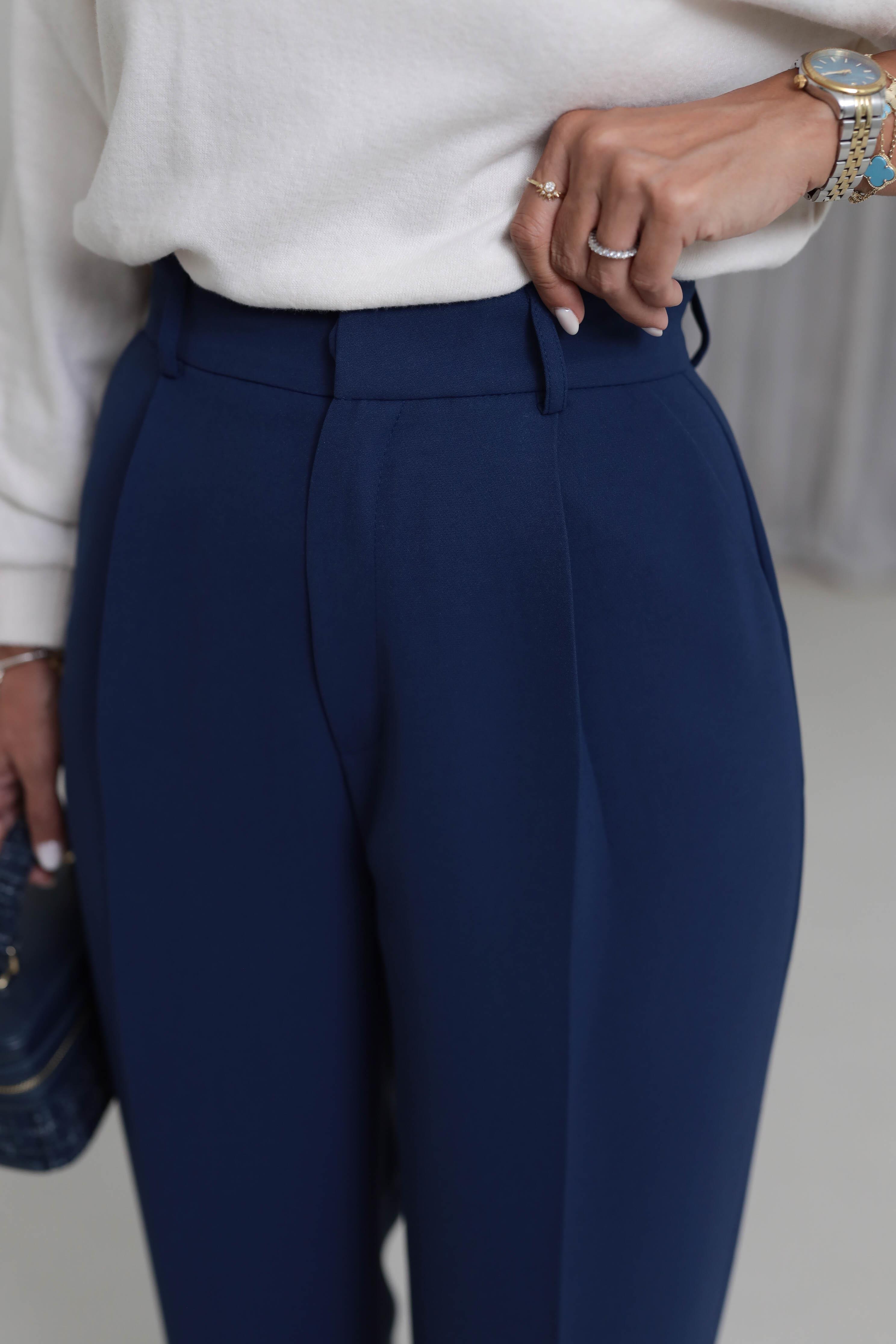 Pleated Detailed Fabric Trousers – Indigo Straight Leg.