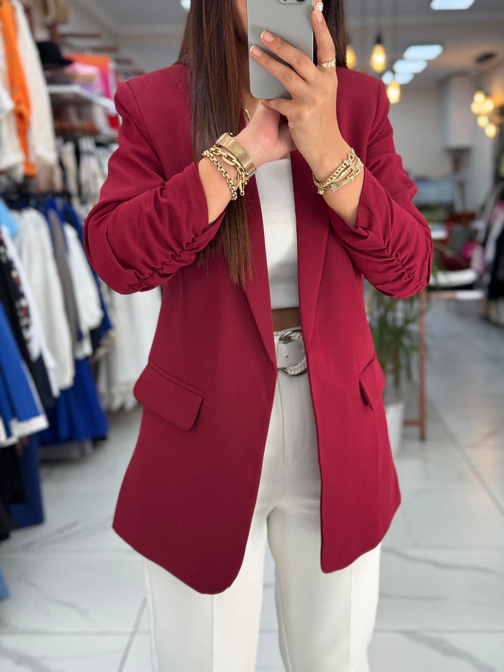 Burgundy buttonless blazer jacket