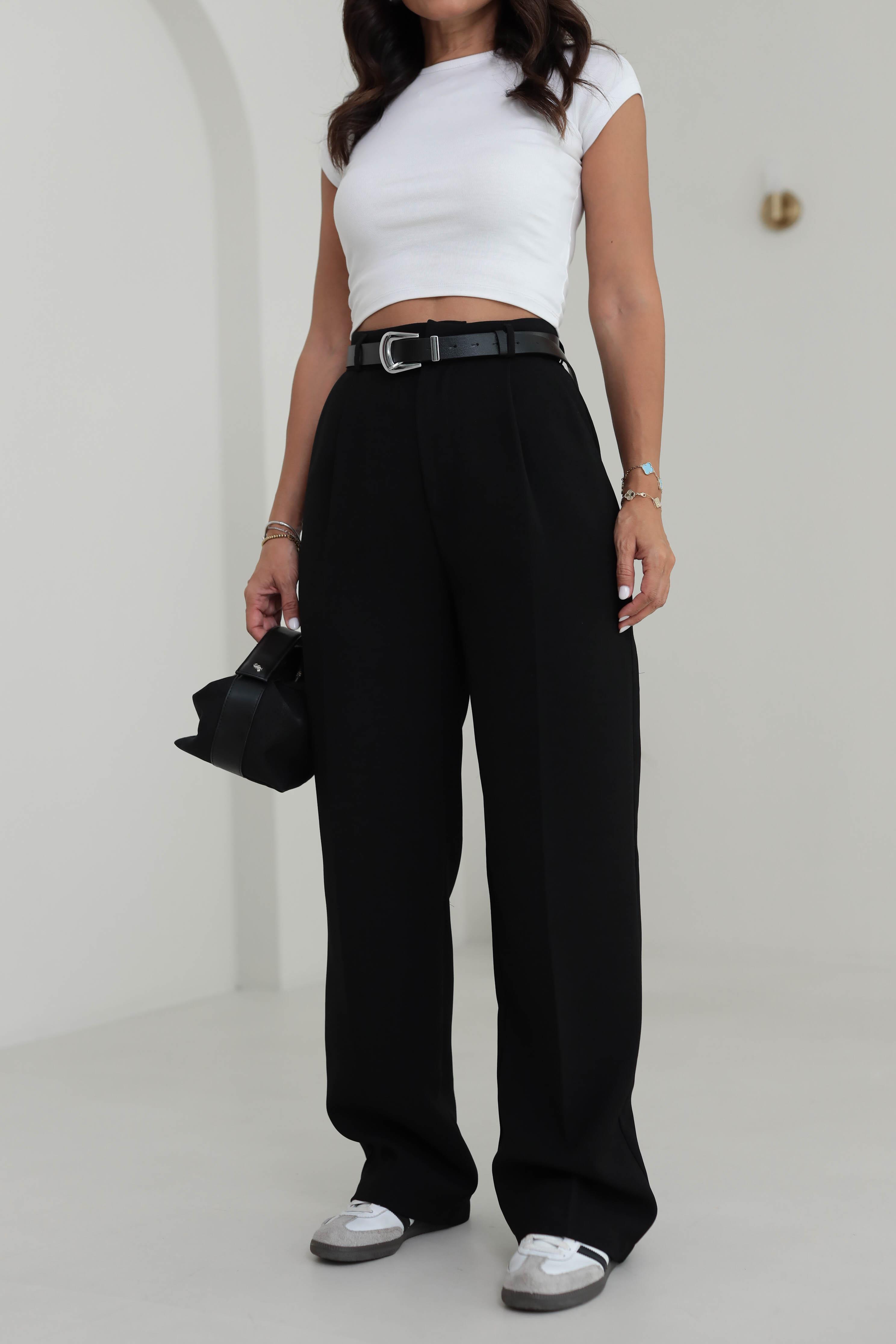 Pleated Detailed Fabric Trousers – Black Straight Legs