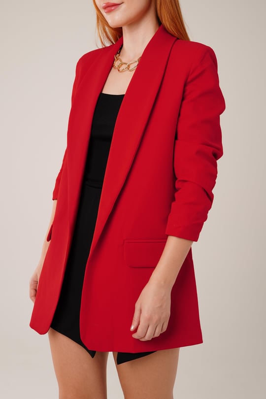 Red buttonless blazer