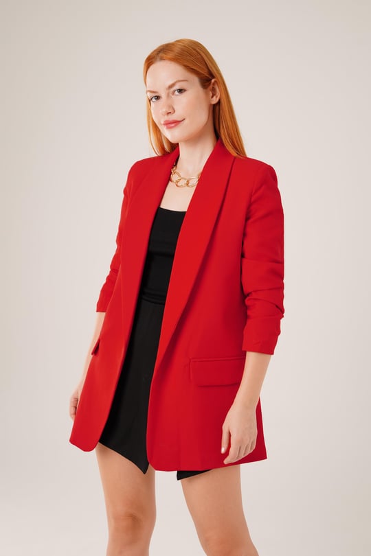Red buttonless blazer