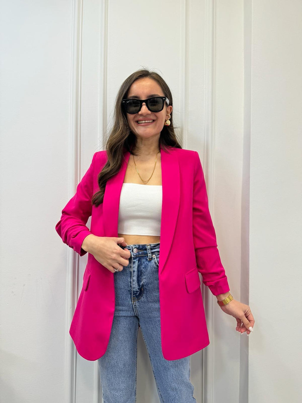 Pink Buttonless Blazer Jacket – Tailored Elegance & Modern Sophistication