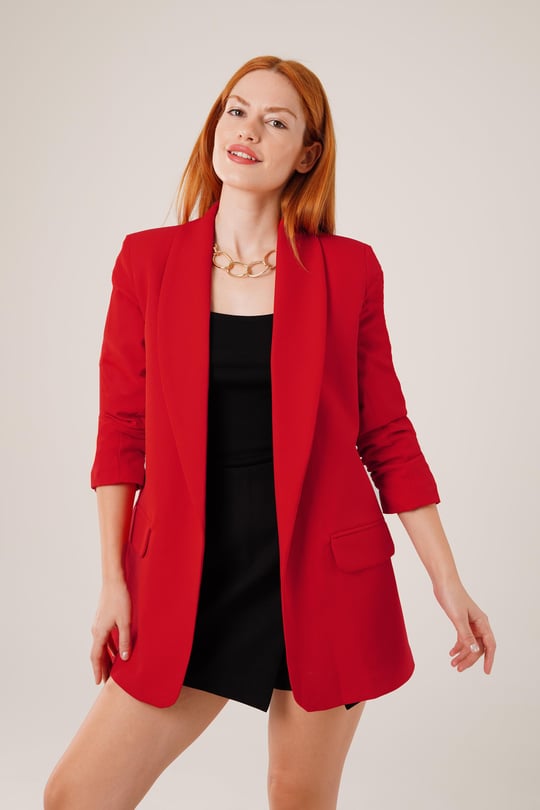 Red buttonless blazer