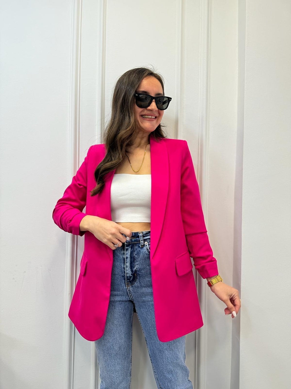 Pink Buttonless Blazer Jacket – Tailored Elegance & Modern Sophistication