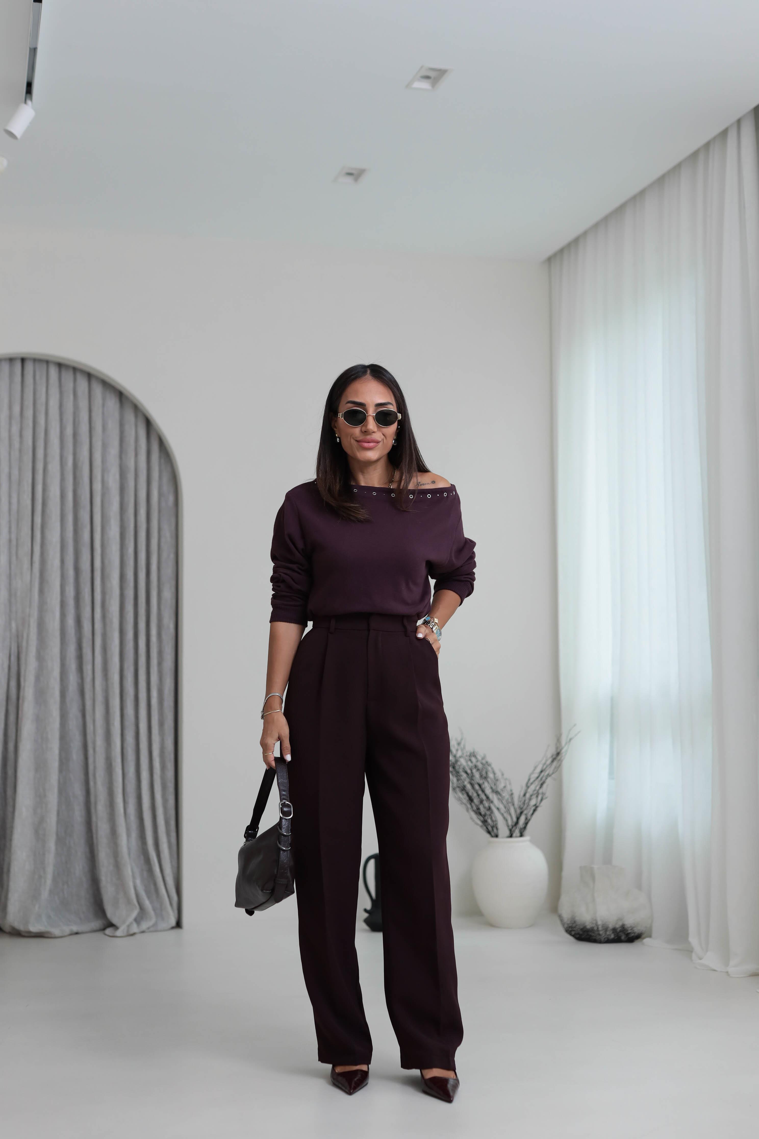 Pleated Detailed Fabric Trousers – Plum Straight Legs
