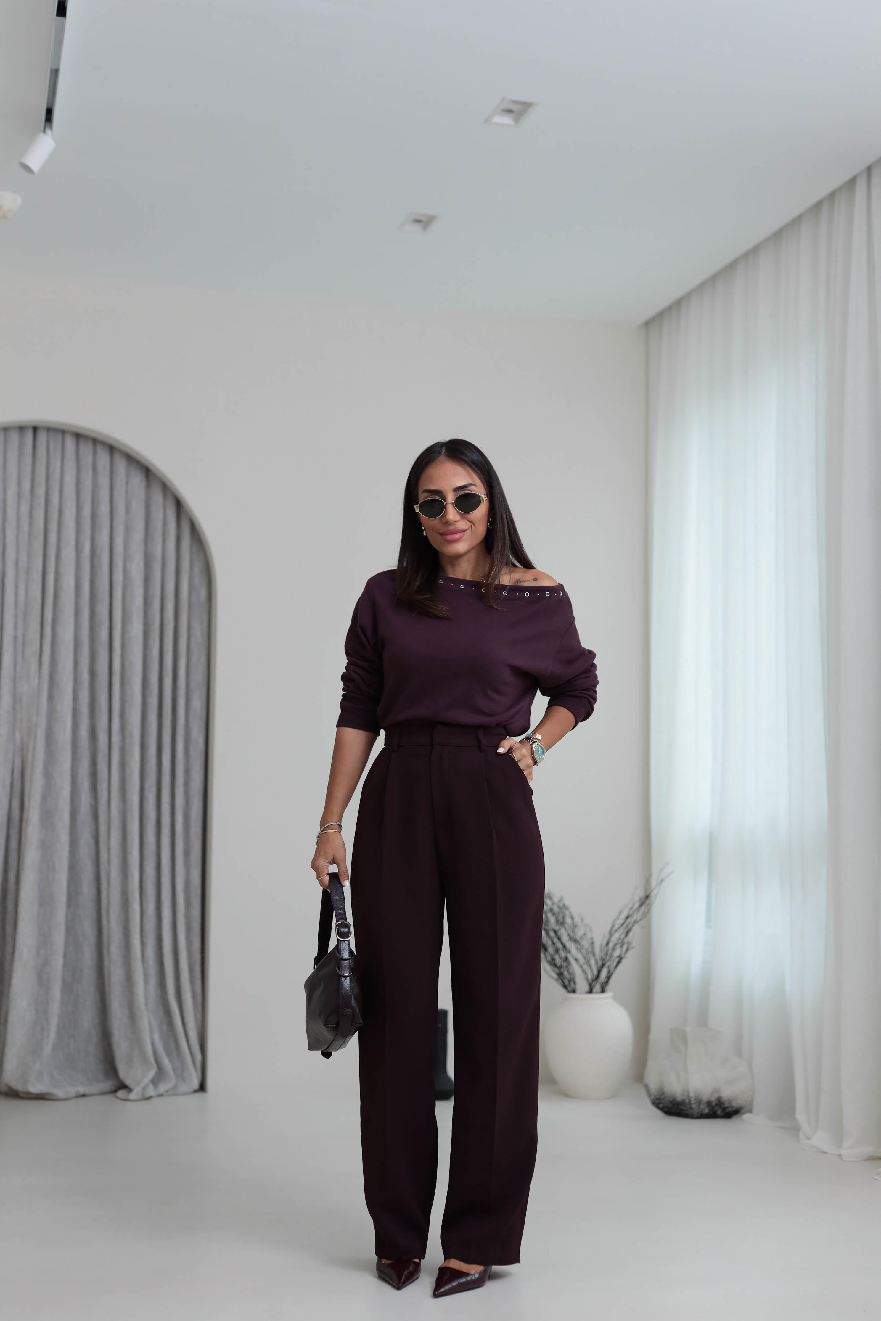 Pleated Detailed Fabric Trousers – Plum Straight Legs