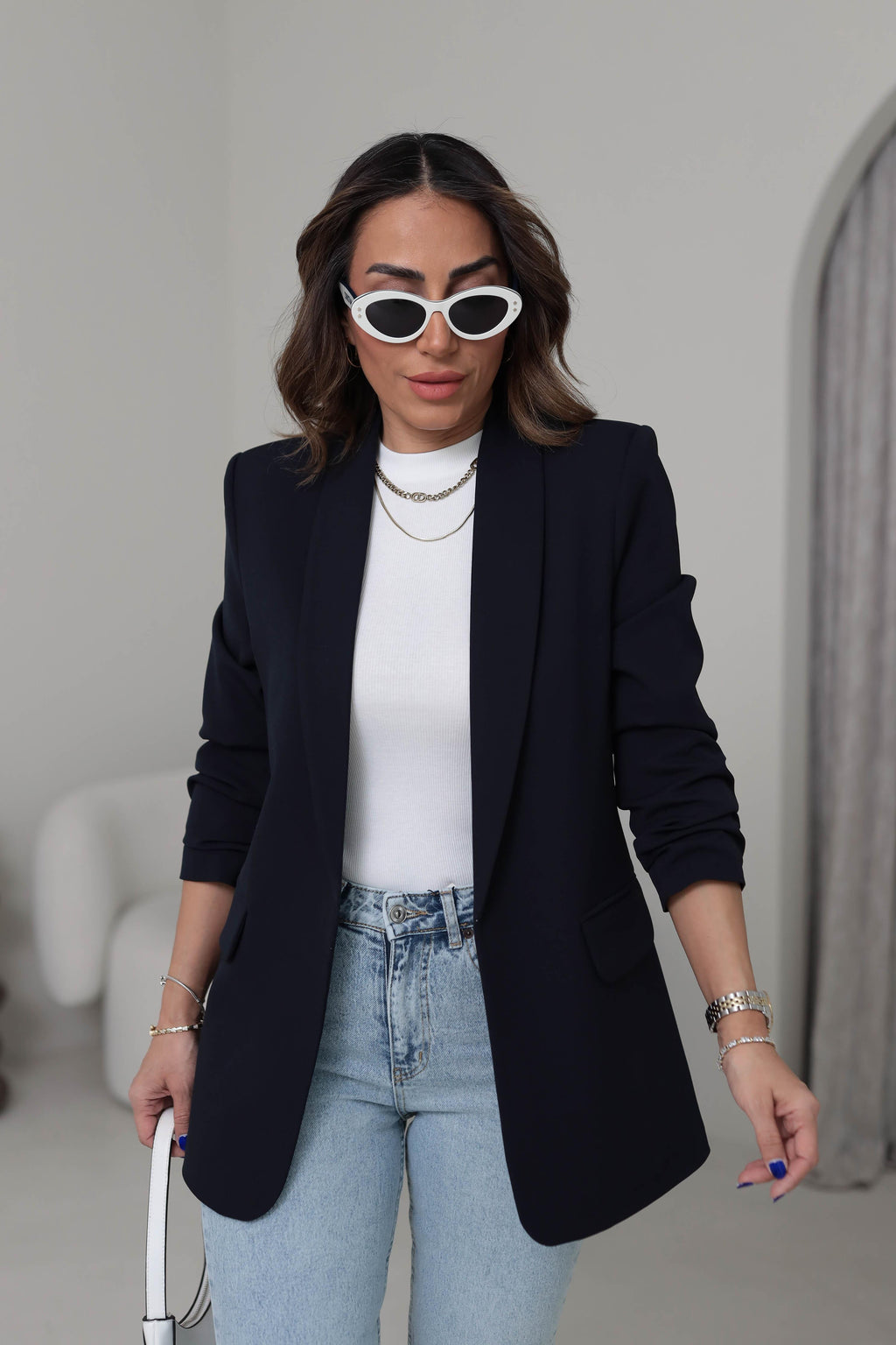 Navy-Blue Buttonless Blazer Jacket – Tailored Elegance & Modern Sophistication